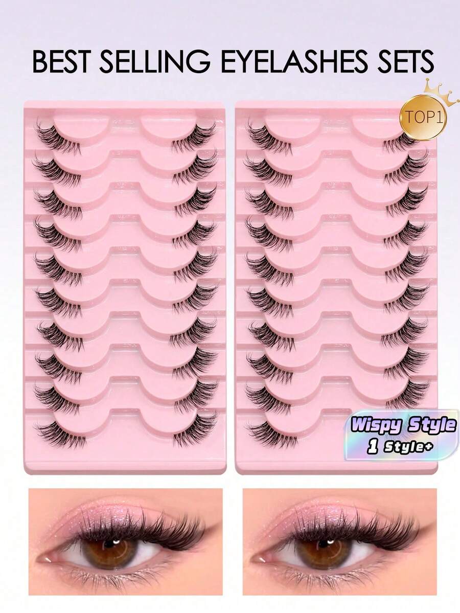 10 pares de cílios postiços 3D Mink Soft Cat Eye, curtos e naturais, com base transparente, para maquiagem diária, com efeito leve e natural, ideais para trabalho, escritório e viagens. - Preto - Ver 1