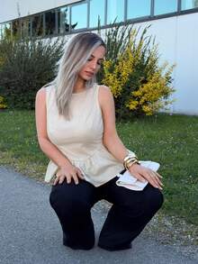 Jeta Ari 100%纯棉A字腰部上衣，女士可爱上衣，返校季服装，新款时尚女士休闲上衣，夏季休闲款 - 杏色 - 查看 5