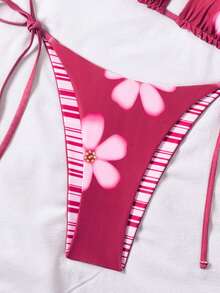 Swim SXY 两件套，夏季紫红色花卉印花双面三角挂脖系带露背性感可爱女士沙滩派对热带比基尼泳装 - 彩色 - 查看 7
