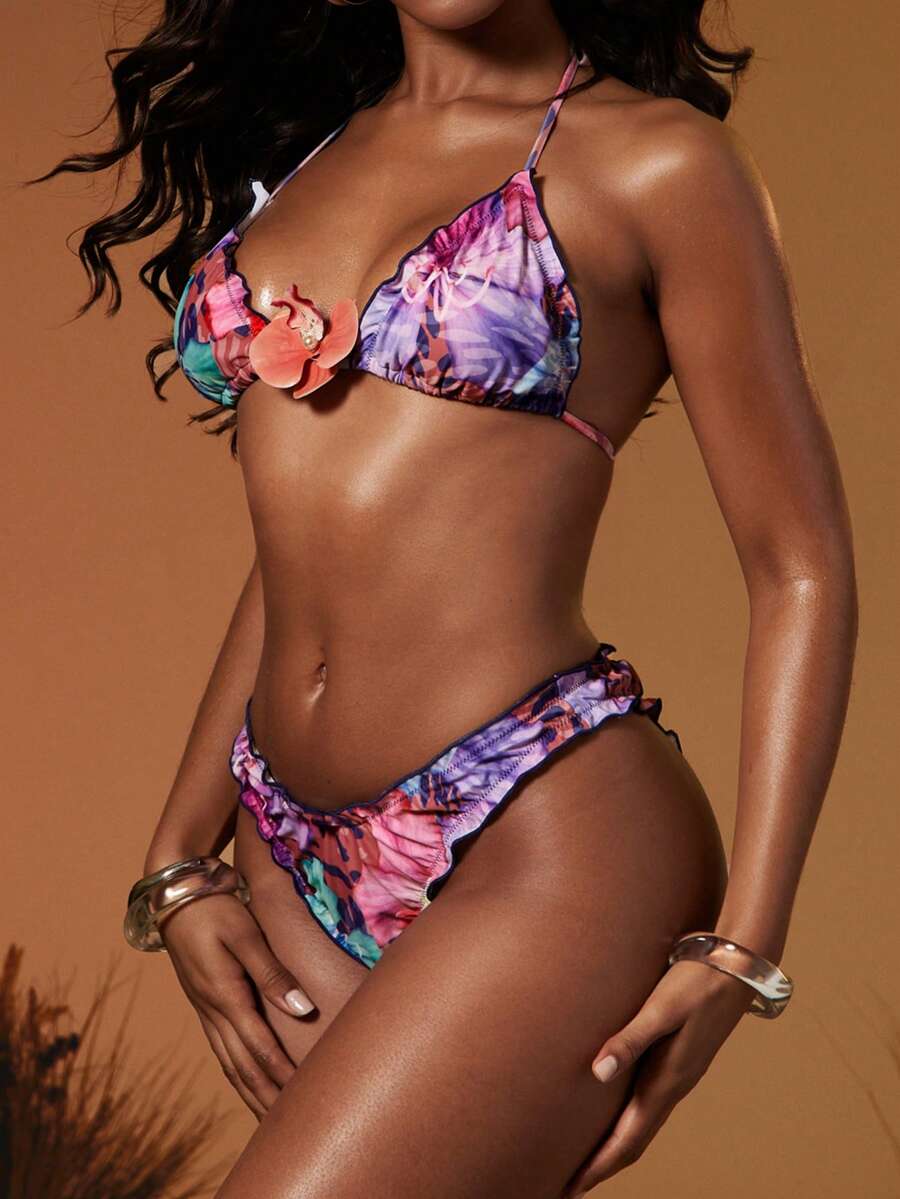 Hauture Quần bikini nữ gợi cảm với họa tiết hoa lá, động vật trừu tượng, viền bèo. - Nhiều màu - Xem 1