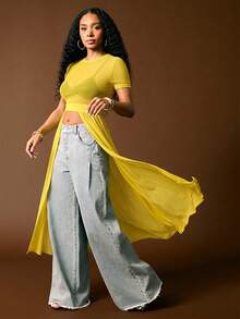 Vixey Sheer Solid Mesh Short Sleeve Split Hem Maxi Top - Yellow - View 4