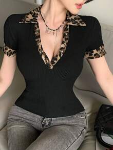 DAZY 女士豹纹拼接领短袖修身休闲T恤 - 黑色 - 查看 9