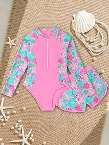 SHEIN Bộ đồ bơi Tankini cho bé gái tuổi teen, bikini hai dây, họa tiết vỏ sò màu hồng, thiết kế khóa kéo, gồm 2 mảnh, đồ bơi kín đáo cho thanh thiếu niên, thích hợp cho bơi lội, bãi biển, hồ bơi, kỳ nghỉ hè. - Hồng - Xem 4