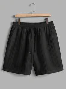 Manfinity Homme 男士夏季休闲度假通勤纯色纹理面料短袖衬衫和抽绳腰短裤套装 - 黑色 - 查看 8