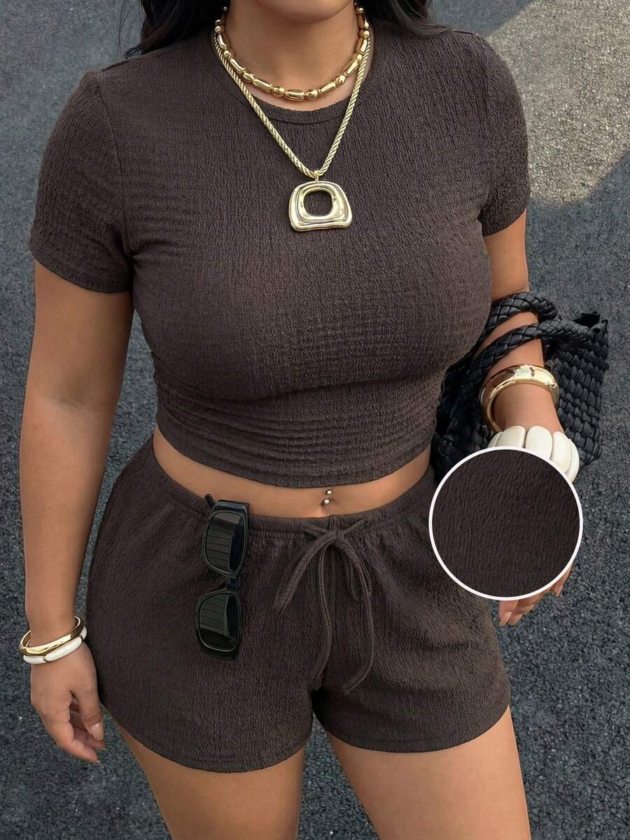 Muchica Plus Size Women Summer Casual Daily Commute Solid Color Short Sleeve Fitted Cropped Top And Drawstring Waist Shorts Set - Coffee Brown - View 1
