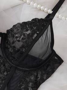 SHEIN 1件装女士性感花卉刺绣网纱连体衣 - 黑色 - View 4