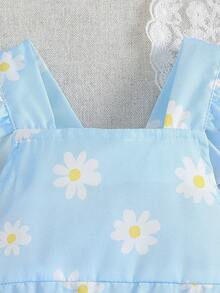 SHEIN 1件女嬰淺藍色向日葵印花荷葉袖連身衣搭配吊帶裙，可愛夏季清新優雅森系婚禮賓客套裝 - 彩色 - 查看 6