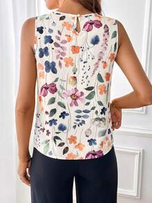 SHEIN Clasi Women's Vacation Plant Pattern Pleated Round Neck Sleeveless Blouse,Summer Top - Multicolor - View 2
