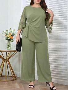 Reflora Plus Size Summer Elegant Mesh Patchwork Asymmetric Hem Top And Pants 2 Pieces Set - Mint Green - View 6