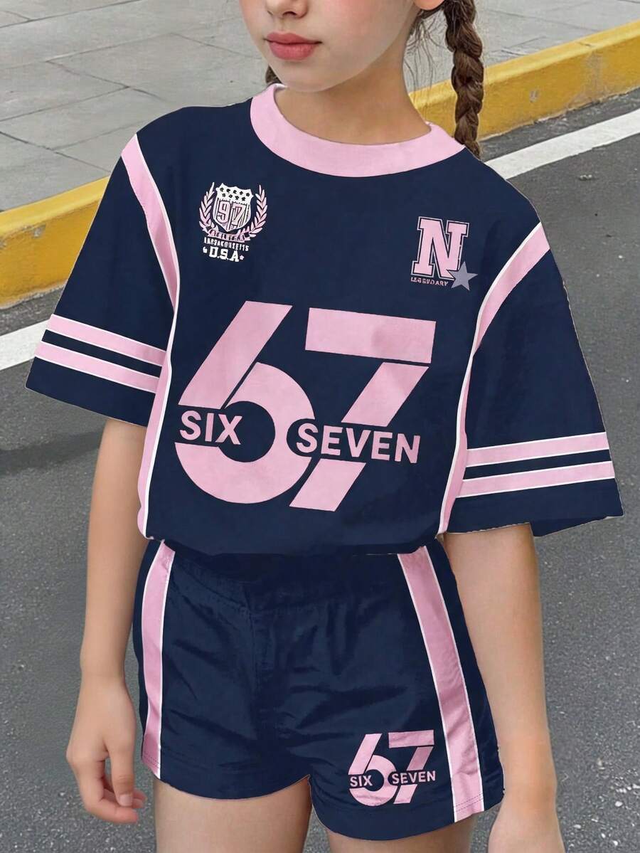 2pcs Tween Girls Casual Minimalist Digit 67 Print Short Sleeve Top And Shorts Set, Suitable For Summer - Multicolor - View 1