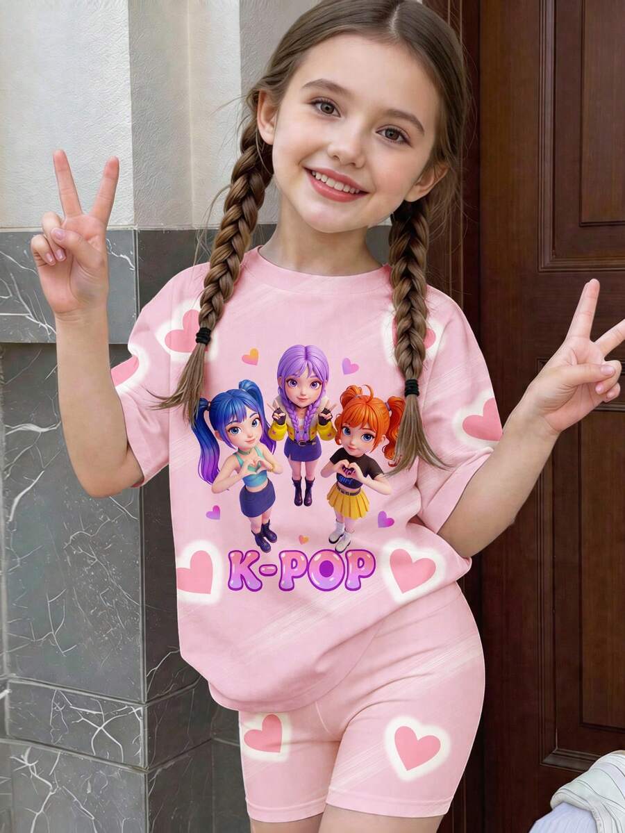 Young Girl K-POP Cartoon Cute Heart Pattern Light Pink 2-Piece Set,Short Sleeve T-Shirt And Knee Length Cycling Shorts,Summer,Family Matching,Daily Wear - Multicolor - View 1