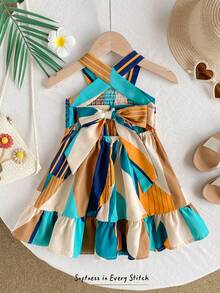 SHEIN Baby Girl Patchwork Color Bow Decor Ruffle Casual Vacation Dress - Orange - View 5