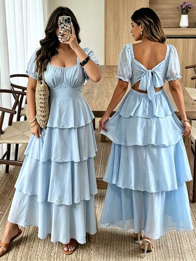 Vionelle Vestido elegante de vacaciones con cuello cuadrado, lazo, espalda descubierta, volantes en capas y mangas con pétalos para tallas grandes