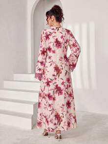 Yasmyna Round Neck Tie Dye Lace Patchwork Long Sleeve Loose Flowy Elegant Floral Print Dress For Women - Multicolor - View 9