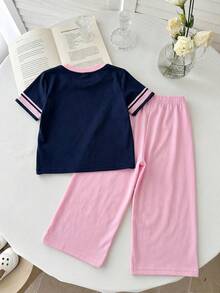 SHEIN 2件套女婴针织字母数字图案圆领T恤和打底裤套装 - 彩色 - 查看 2