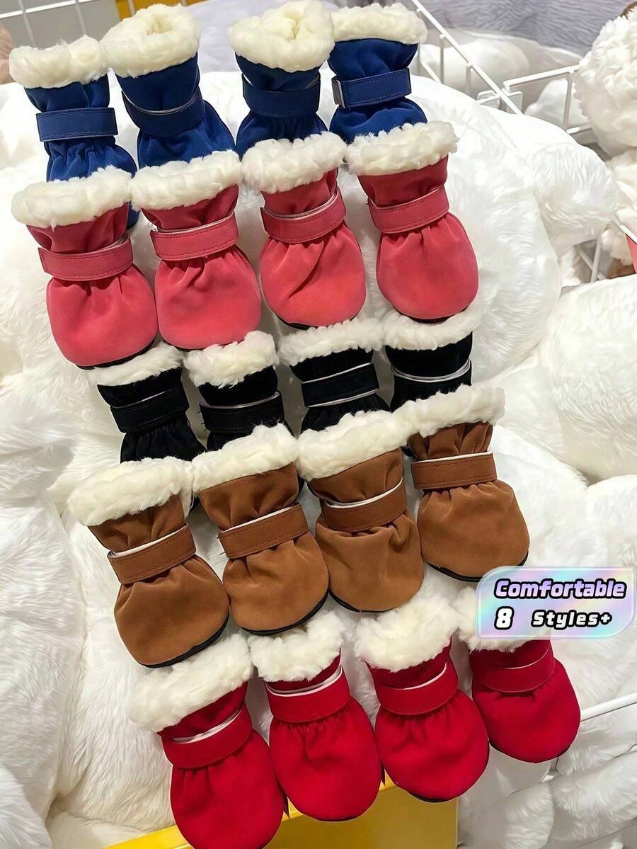 4PCS Winter Warm Dog Boots - Anti-Slip Polyester Pet Shoes, Wool Lining, Hook And Loop Strap, Suitable For Small Dogs - All Season, Protect Paws - Multicolor - View 1