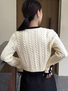 Wynsel Women's Elegant Contrast Trim Button Knit Sweater, Autumn - Beige - View 2