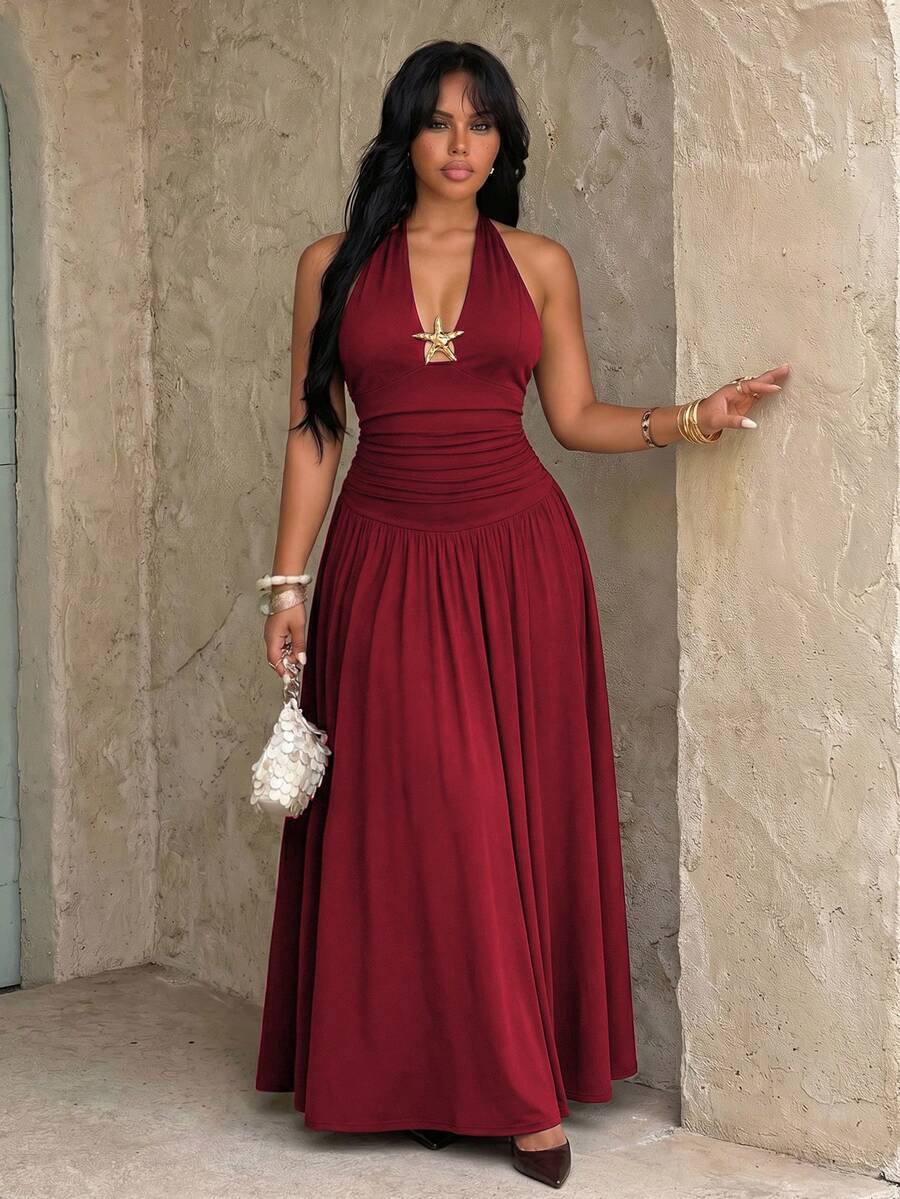 Rustia Gaun Pesta Liburan Elegan Model A-Line Berkerut untuk Wanita Ukuran Plus untuk Musim Panas, Model Halter dengan Ikatan Pita dan Dekorasi Bintang Laut - Burgundy - View 1