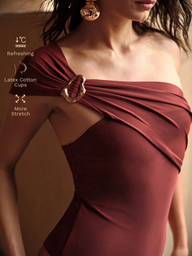 WOMEN ELEGANT ASYMMETRICAL ONE SHOULDER DESIGN METAL DECOR ONE-PIECE SWIMSUIT FOR BEACH PARTY
