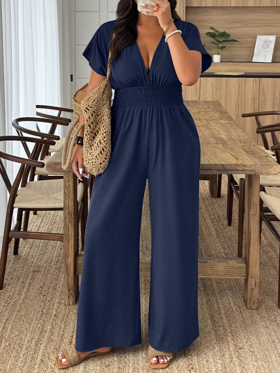 EMERY ROSE Plus Size Solid Color V-Neck Short Sleeve Jumpsuit - Navy Blue - View 1