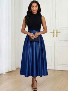 Fleurora Women's Elegant Solid Color Pleated Skirt, Suitable For Parties Carnival Women Carnival Costume Carnival Women Carnival Costume For Women Summer Dress Party Elegant Party Dresses Winter Dress Formal Dresses For Women Festival Outfits For Women Elegant Dresses For Women - Navy Blue - View 4