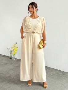 Firerie Bộ jumpsuit nữ cỡ lớn thoải mái, giản dị, thanh lịch, thích hợp cho kỳ nghỉ, tiệc tùng, đi biển, chất liệu lưới xếp ly, co giãn, khóa kim loại, thích hợp cho mùa xuân/hè. - Màu be - Xem 6