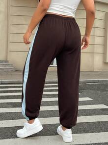 SHEIN EZwear Quần jogger thể thao phối màu, cạp chun co giãn dành cho nữ, phù hợp cho mùa tốt nghiệp, mùa tựu trường và cho giáo viên. - màu nâu - Xem 2