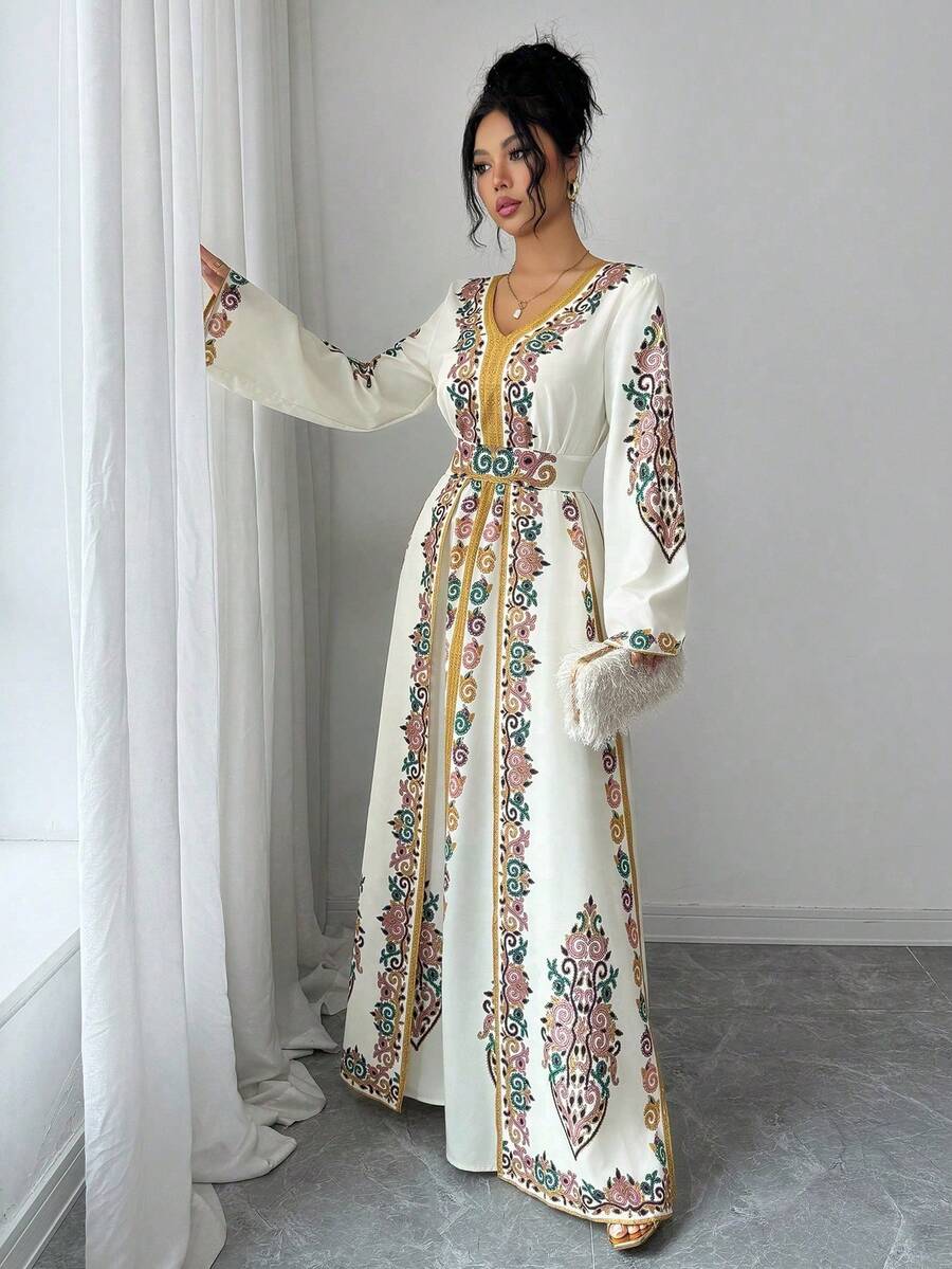 Elenzga Áo choàng dài tay cánh dơi in họa tiết Trung Đông phong cách Bohemian mùa Xuân/Hè mới, viền vàng. - Nhiều màu - Xem 1