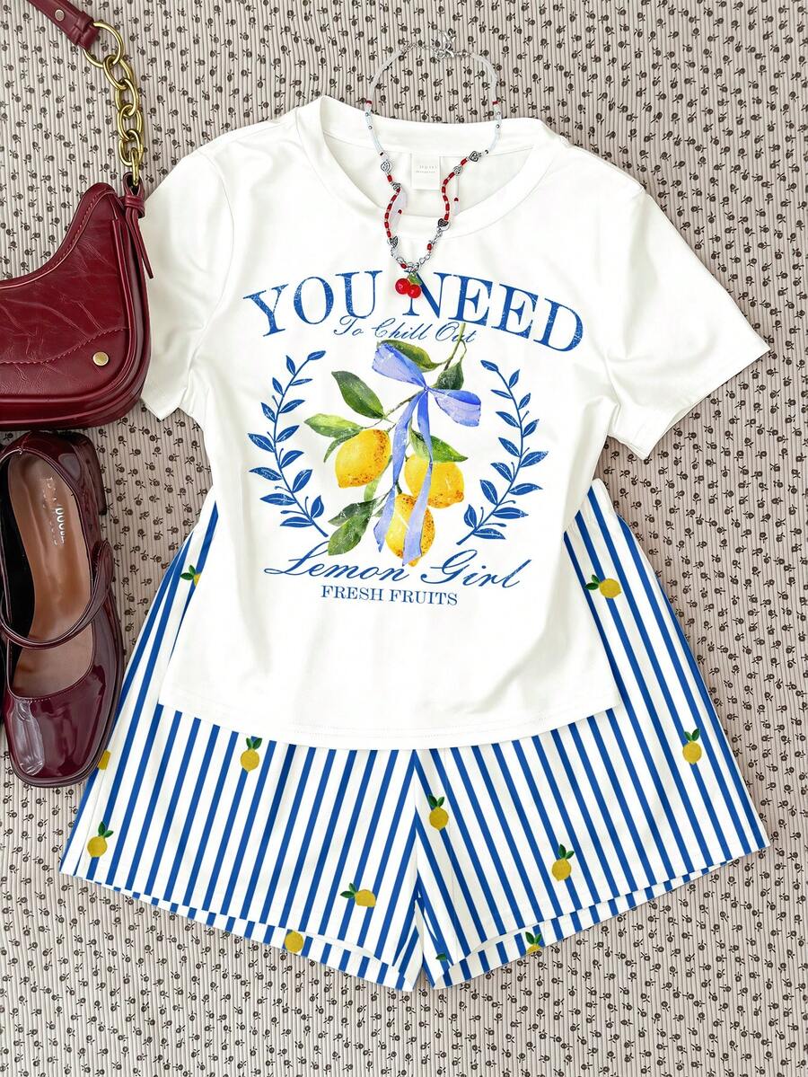 2pcs/Set Teen Girl Sweet Retro Cream Lemon Bow Print Casual Loose Round Neck Short Sleeve T-Shirt And Striped Shorts, Suitable For Spring/Summer - Multicolor - View 1