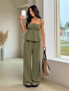 SHEIN EZwear Bộ đồ 2 món màu xanh ô liu dáng rộng dành cho nữ, cỡ lớn. - xanh quân đội - Xem 2