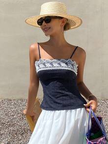 DAZY Contrast Lace Fitted Cropped Casual Basic Vacation Beach Swimming Summer Women Vest White School - Blue - View 6