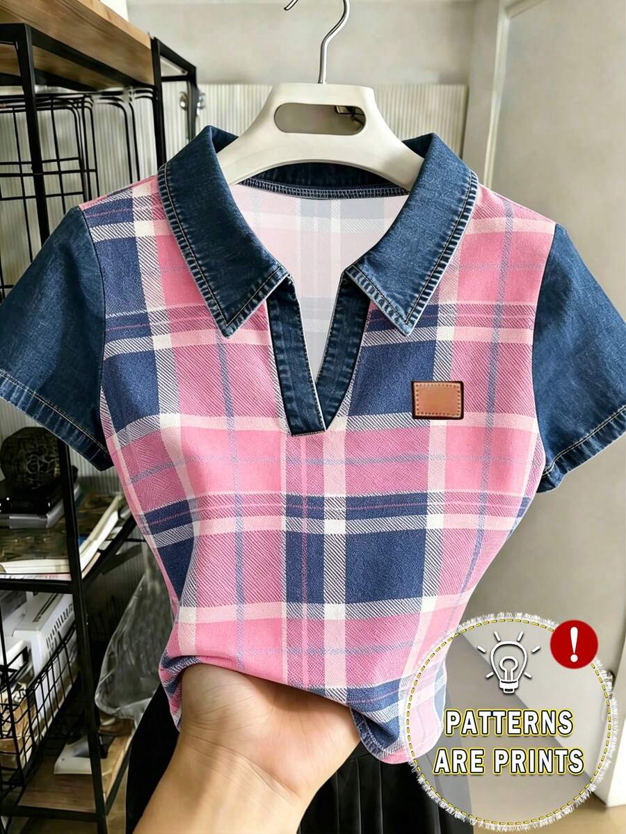 Resyla 女款格紋粉色編織POLO衫,丹寧對比領口與袖口,V領短袖休閒學院風上衣,適合教師,夏季 - 彩色 - 查看 1