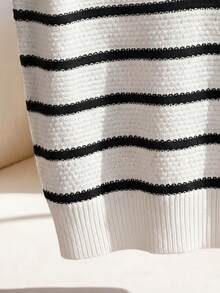 SHEIN Franclia 女士新款春夏法式休闲针织条纹背心,单排扣,镂空针织纹理,柔软大气,通勤/工作装 - 黑與白 - 查看 6