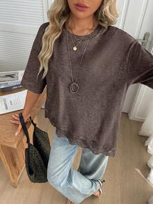 Camiseta casual de mujer con dobladillo asimétrico de encaje de unicolor, uso básico diario, blusa casual de primavera/verano para vacaciones de mujer, vacaciones de verano para mujer - Caqui 2 - Ver 8