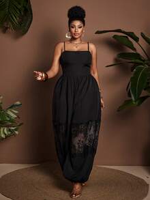 Maweii Plus Size Sexy Lace Trim Off-Shoulder Backless Jumpsuit - Black - View 2