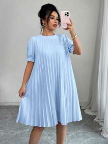 Elenzga Gaun Mini Wanita Elegan Romantis Longgar Warna Polos dengan Lengan Berlipat dan Motif Kelopak Bunga, Serbaguna untuk Musim Semi/Panas - Baby Blue - View 3