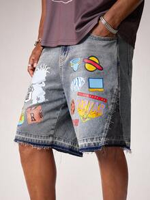Nick 90s | SHEIN Men's Cartoon & Letter Print Slant Pocket Loose Denim Shorts - Light Wash - View 4