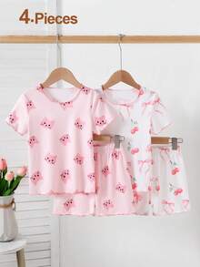 SHEIN 两件套女童时尚白色粉色卡通猫咪水果印花圆领短袖轻薄睡衣，采用亲肤光滑针织面料，适合夏季室内休闲穿着，舒适透气，休闲时尚，搭配同款短裤，尽显女童魅力。 - 彩色 - 查看 3
