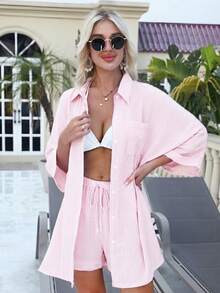 Swim Vcay Áo khoác kimono dáng rộng kẻ sọc, kiểu dáng thường ngày đi biển, thích hợp cho lễ hội âm nhạc, mùa xuân/hè. - Hồng - Xem 3
