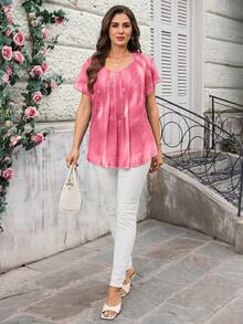 EMERY ROSE Plus Size Women Summer Pink Floral Print Elegant Tea Party Brunch Tunic Blouse,Round Neck Ruffle Trim Short Sleeve Casual Loose Fit Vacation Shirt - Hot Pink - View 3