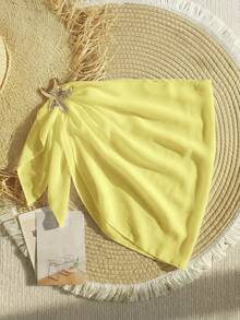 SHEIN Váy sarong đi biển trang trí sao biển kim loại cho bé gái - Màu vàng - Xem 3
