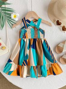 SHEIN Baby Girl Patchwork Color Bow Decor Ruffle Casual Vacation Dress - Orange - View 6
