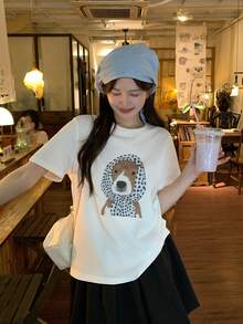 DAZY Kaos Wanita Lengan Pendek Leher Bulat Motif Kartun Anak Anjing, Gaya Korea Musim Semi/Panas - Putih - View 4