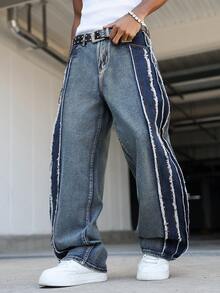 Manfinity EMRG Men's American Fashion Street Casual Street Wear Distressed Loose Fit Washed Denim Jeans Back-To-School Graduation Navy Blue Summer - Blue - View 5