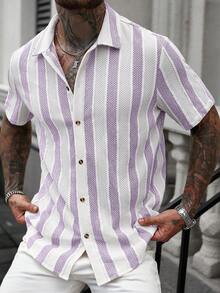 Manfinity CasualCool Camisa polo de hombre de talla grande con textura de jacquard a rayas - Morado - Ver 7