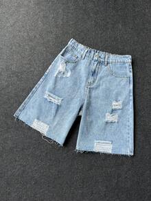 Pantalones cortos vaqueros sueltos con agujeros de estilo casual y vintage Y2K para adolescentes, ropa de calle y atuendos de primavera a verano para festivales y ropa de calle para adolescentes - Azul - Ver 7