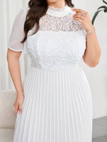 Reflora Plus Size Women's Spring/Summer Elegant Romantic Short Sleeve Mid-Length Dress With Pleated Hem, Lace Fabric, Suitable For Outings And Parties White - Green - View 3
