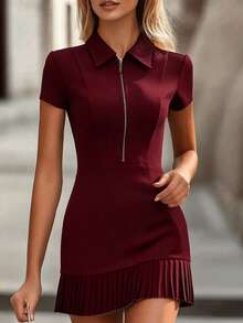 SHEIN 2026 New Spring Blue Dress, Collared Zip Front Short Sleeve, Waist Cinched Pleated Commuter Dress - Burgundy - View 1