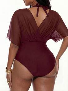 Swim Basics Baju Renang Terusan Minimalis Warna Polos untuk Liburan Pantai Musim Panas Wanita Ukuran Besar - Burgundy - View 3