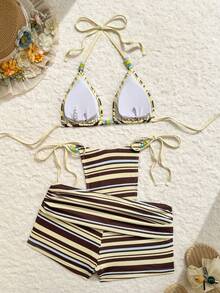 Swim Vcay Women's 3-Piece Swimsuit Set,Brown And Yellow Polka Dot,Summer,Boho,Beach,Holiday,Holiday Beaded Nautical Striped Halter Neck High Cut Ruched Shorts - Multicolor - View 4